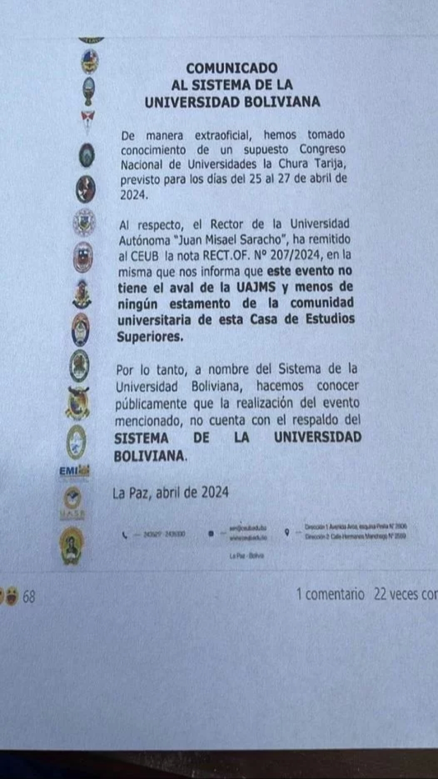 La "U" de Tarija deslinda responsabilidad del congreso de universitarios UFEST